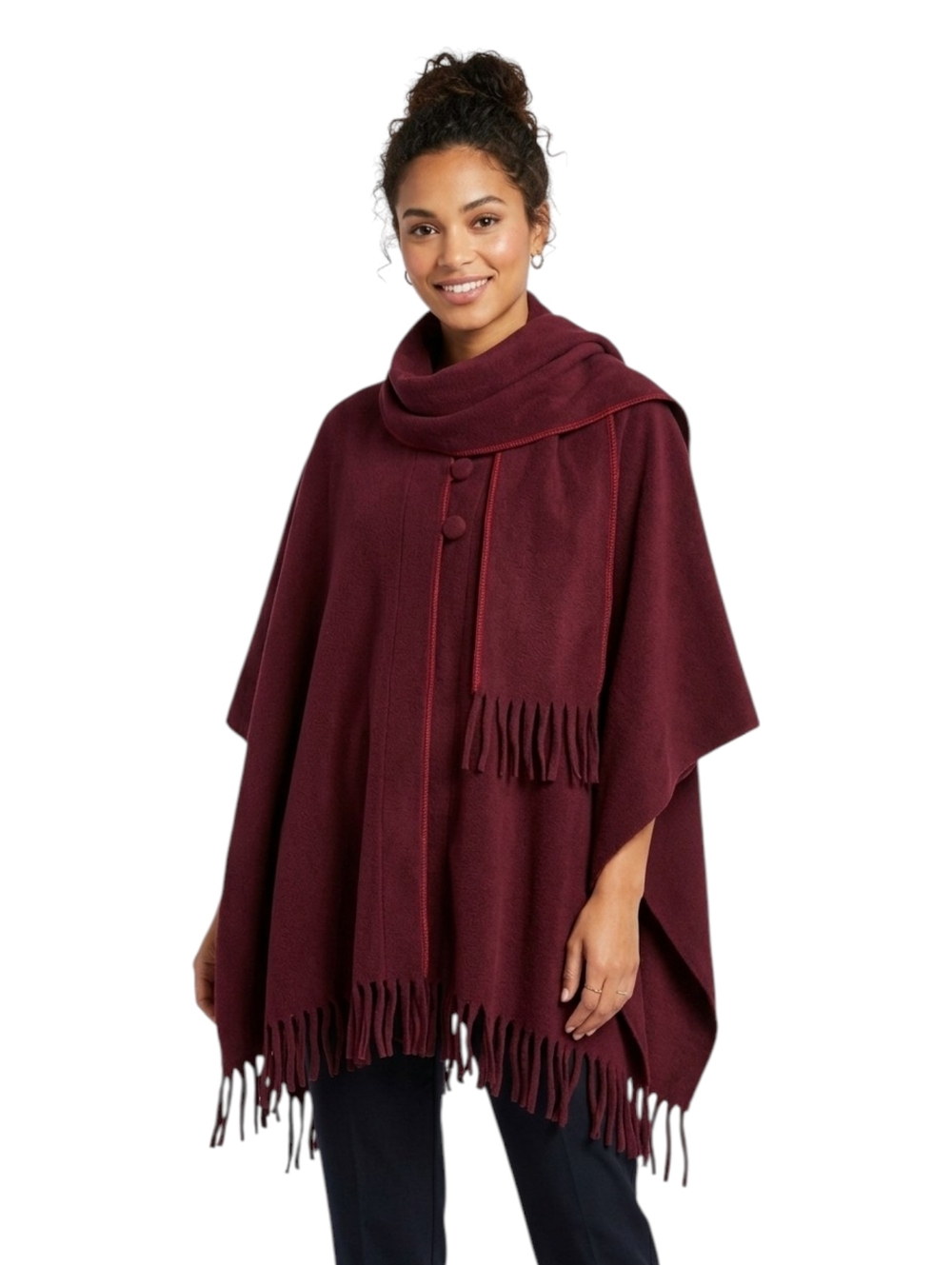 Vintage Burgundy Fringe Cape Button Scarf Poncho Wrap Blanket Scarf One Size